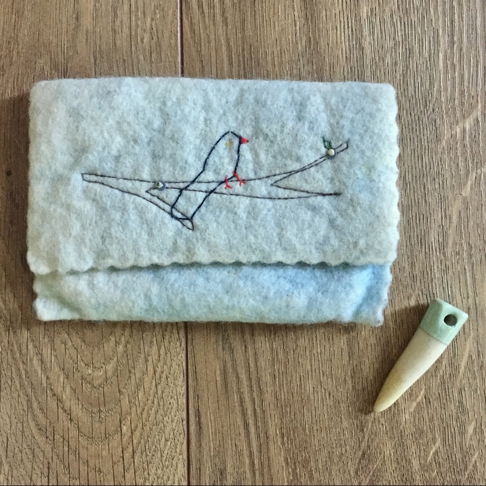 Vintage felt pouch + deer antler charm bundle